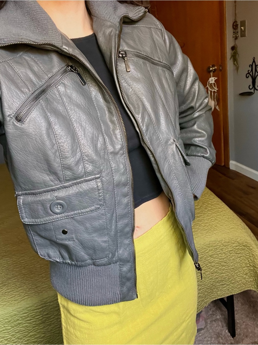 YOKI gray faux leather bomber jacket with ribbed cuffs and collar, size S